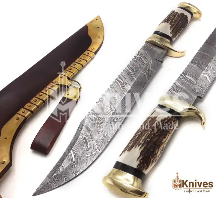 18 Inch Damascus Steel Professional Hunting Knife with Stag Handle & Leather Brass Sheath by HMKnives (1)