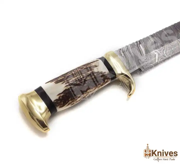 18 Inch Damascus Steel Professional Hunting Knife with Stag Handle & Leather Brass Sheath by HMKnives (4)