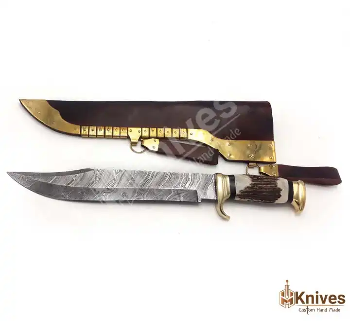 Damascus Knife Hunting Bowie Knife Pro Bone Handle Brass Guard And Pom -  Viking Axe