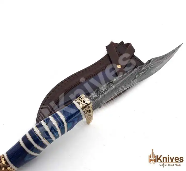 Custom Made Damascus 13 inch Bowie Hunting Knife with Brass Guards Stoppers & Leather Sheath by HMKNIVES (6)