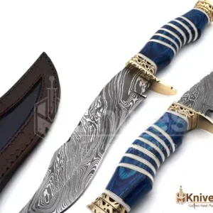 Custom Made Damascus 13 inch Bowie Hunting Knife with Brass Guards Stoppers & Leather Sheath by HMKNIVES (8)