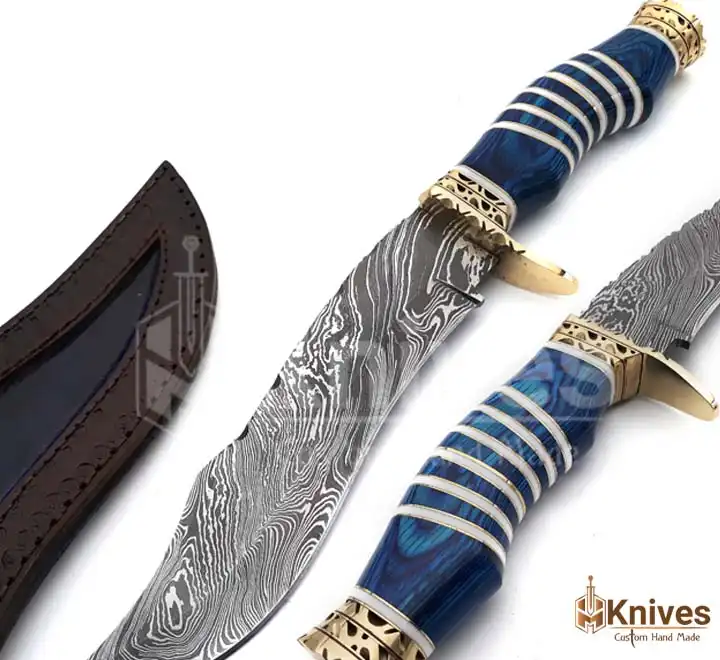 Custom Made Damascus 13 inch Bowie Hunting Knife with Brass Guards Stoppers & Leather Sheath by HMKNIVES (8)