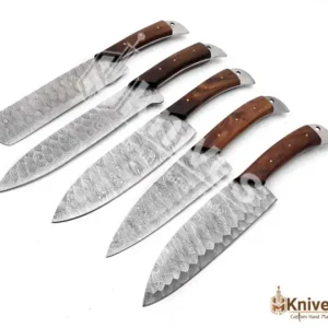 Damascus Steel Chef Set 5 Pieces Forged Blades Wood Handle with Brownish Red Italian Leather Sheath by HMKNIVES (1)