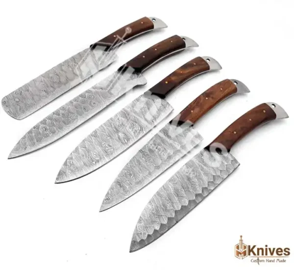 Damascus Steel Chef Set 5 Pieces Forged Blades Wood Handle with Brownish Red Italian Leather Sheath by HMKNIVES (1)