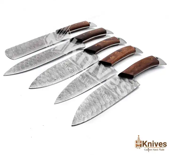 Damascus Steel Chef Set 5 Pieces Forged Blades Wood Handle with Brownish Red Italian Leather Sheath by HMKNIVES (2)