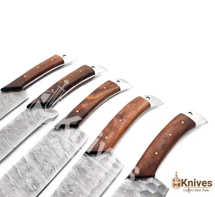 Damascus Steel Chef Set 5 Pieces Forged Blades Wood Handle with Brownish Red Italian Leather Sheath by HMKNIVES (3)