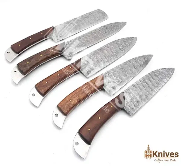 Damascus Steel Chef Set 5 Pieces Forged Blades Wood Handle with Brownish Red Italian Leather Sheath by HMKNIVES (4)