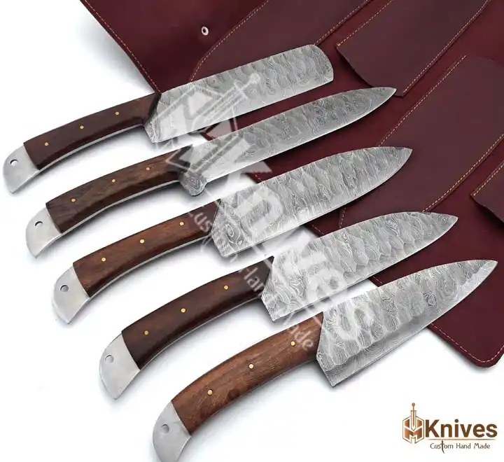 Damascus Steel Chef Set 5 Pieces Forged Blades Wood Handle with Brownish Red Italian Leather Sheath by HMKNIVES (5)