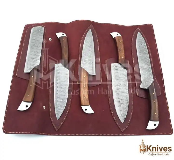 Damascus Steel Chef Set 5 Pieces Forged Blades Wood Handle with Brownish Red Italian Leather Sheath by HMKNIVES (6)