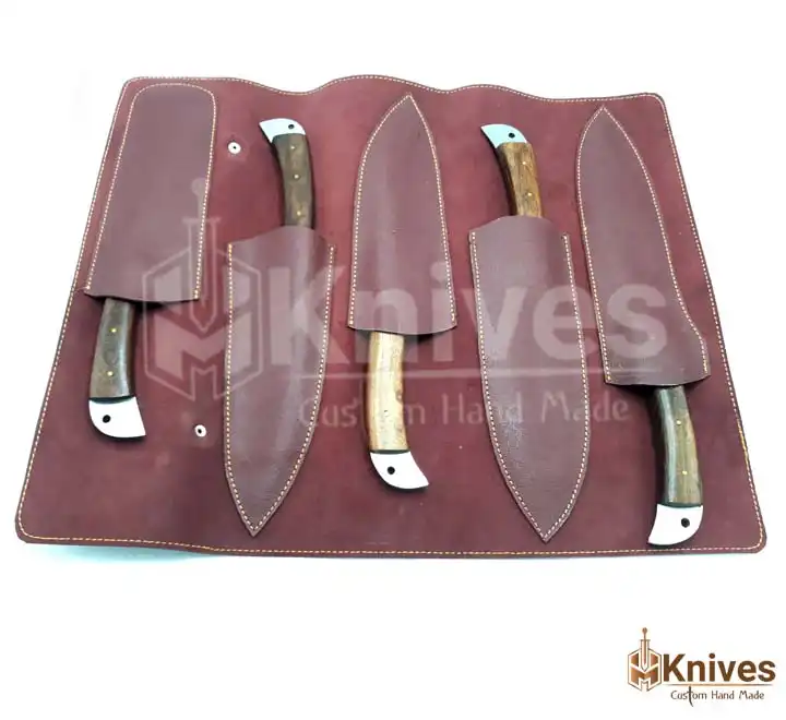 Damascus Steel Chef Set 5 Pieces Forged Blades Wood Handle with Brownish Red Italian Leather Sheath by HMKNIVES (7)
