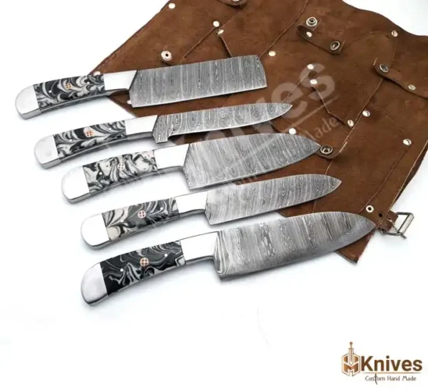 Damascus Steel Chef Set 5 Pieces High Polish Resin Handle with Brown Leather Sweet Sheath by HMKNIVES (3)