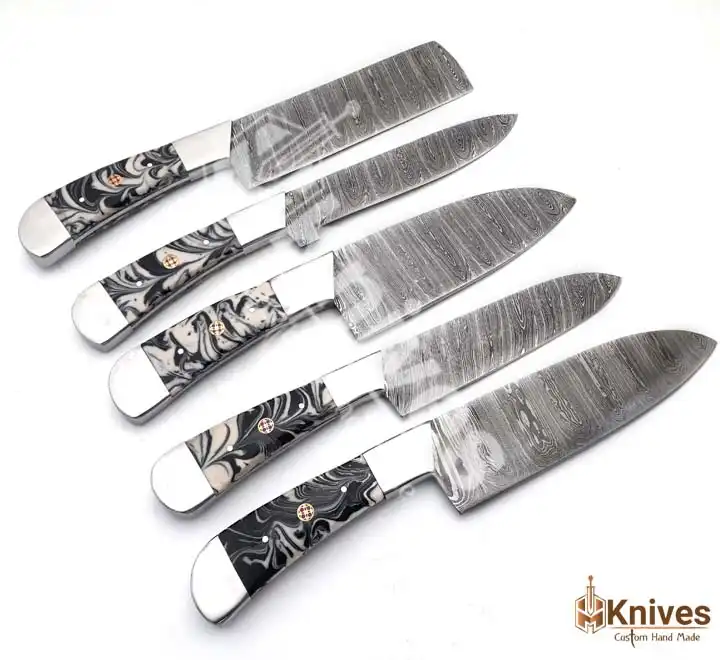 Damascus Steel Chef Set 5 Pieces High Polish Resin Handle with Brown Leather Sweet Sheath by HMKNIVES (4)