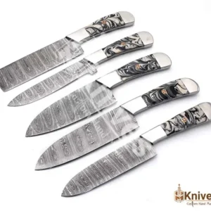 Damascus Steel Chef Set 5 Pieces High Polish Resin Handle with Brown Leather Sweet Sheath by HMKNIVES (5)