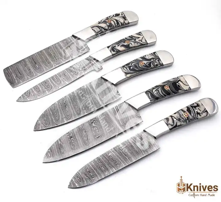 Damascus Steel Chef Set 5 Pieces High Polish Resin Handle with Brown Leather Sweet Sheath by HMKNIVES (5)
