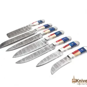 Damascus Steel Chef Set 7 Pieces Resin Bone Flag Handle with Brown Sheep Leather Sheath by HMKNIVES (2)