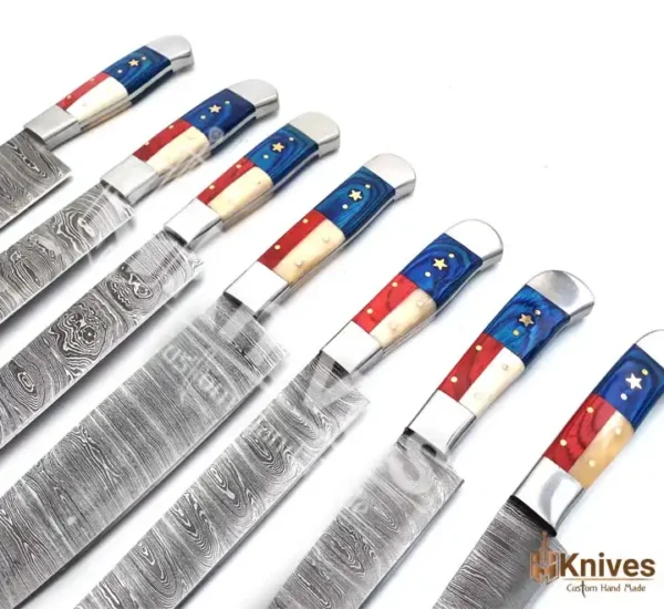 Damascus Steel Chef Set 7 Pieces Resin Bone Flag Handle with Brown Sheep Leather Sheath by HMKNIVES (3)