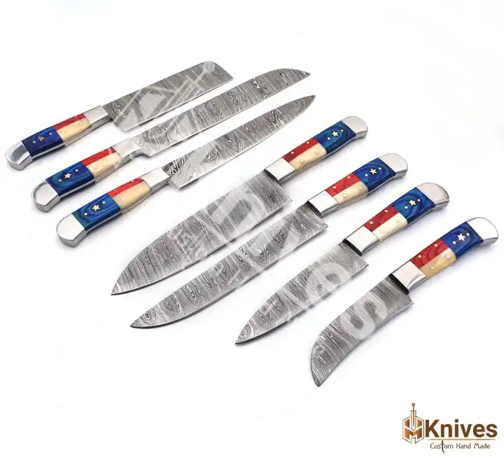 Damascus Steel Chef Set 7 Pieces Resin Bone Flag Handle with Brown Sheep Leather Sheath by HMKNIVES (4)