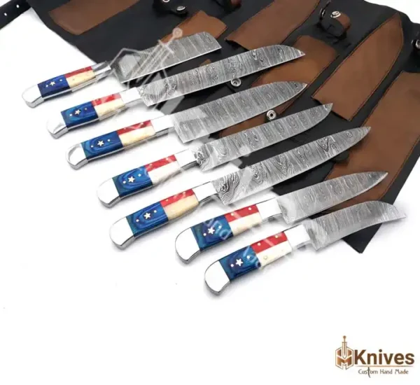 Damascus Steel Chef Set 7 Pieces Resin Bone Flag Handle with Brown Sheep Leather Sheath by HMKNIVES (5)