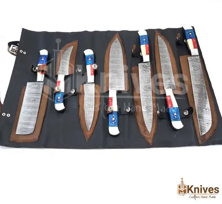 Damascus Steel Chef Set 7 Pieces Resin Bone Flag Handle with Brown Sheep Leather Sheath by HMKNIVES (6)