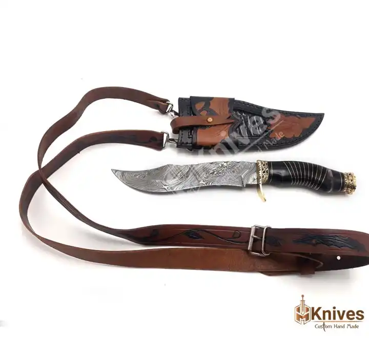 Damascus Steel Hand Made Bowie Hunting Knife with Hand Engraved Leather Sheath & Shoulder Belt by HMKnives (3)