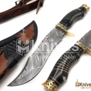 Damascus Steel Hand Made Bowie Hunting Knife with Hand Engraved Leather Sheath & Shoulder Belt by HMKnives (8)