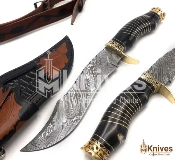 Damascus Steel Hand Made Bowie Hunting Knife with Hand Engraved Leather Sheath & Shoulder Belt by HMKnives (8)