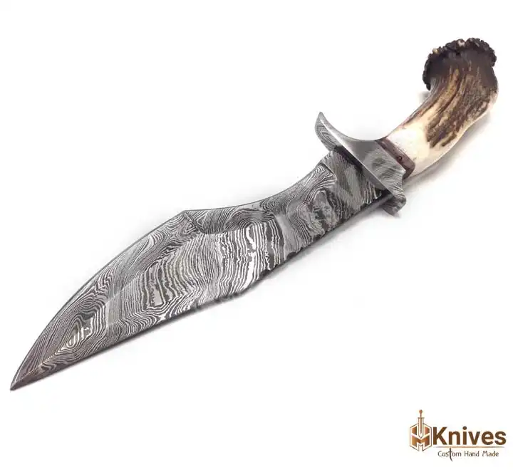 Damascus Steel Hand Made Hunter Knife with Stag Crown Handle & Fancy Hand Engraved Leather Sheath by HMKnives (3)