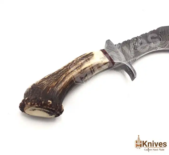 Damascus Steel Hand Made Hunter Knife with Stag Crown Handle & Fancy Hand Engraved Leather Sheath by HMKnives (4)