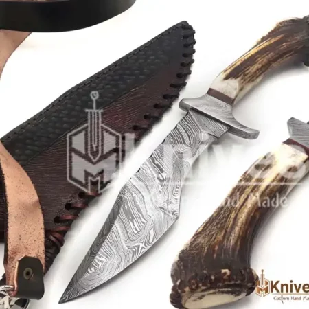 Damascus Steel Hand Made Hunter Knife with Stag Crown Handle & Fancy Hand Engraved Leather Sheath by HMKnives (8)