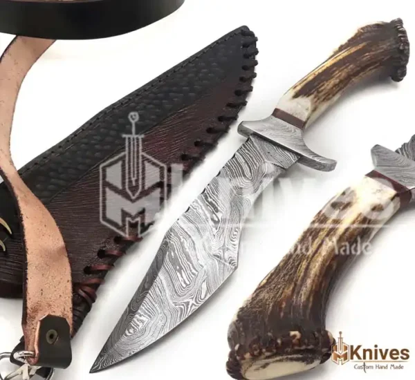 Damascus Steel Hand Made Hunter Knife with Stag Crown Handle & Fancy Hand Engraved Leather Sheath by HMKnives (8)