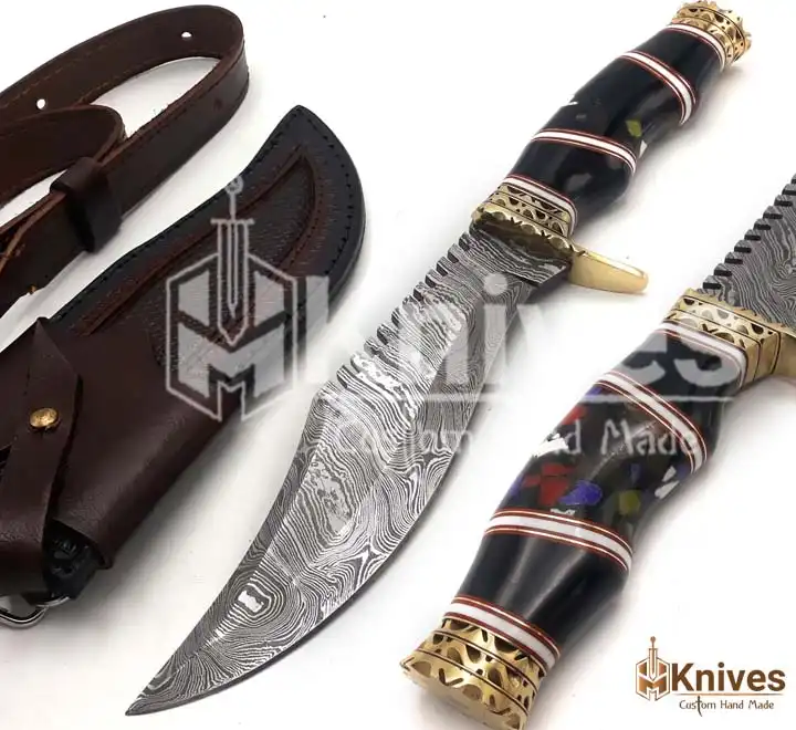 Damascus Steel Hand Made Hunting Outdoor Knife with Resin Sheet & Brass Guards Leather Sheath by HMKnives (7)
