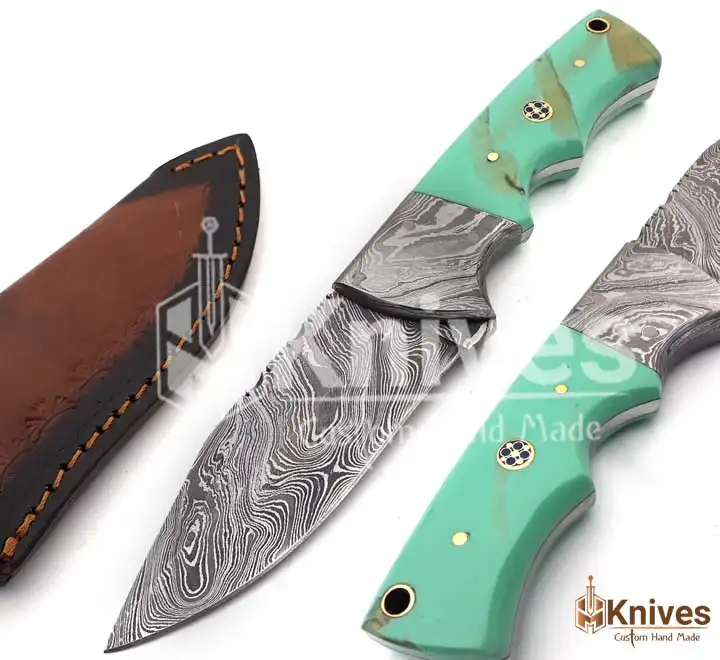 Damascus Steel Hand Made Skinner Knife for EDC with Damascus Bolster & Leather Cover by HMKnives (8)