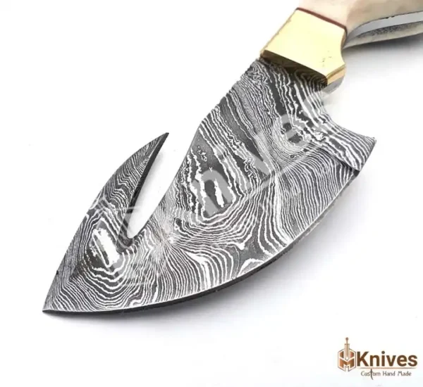 Damascus Steel Sharp Gut Hook Skinner Knife with Stag Handle & Brass Bolster Leather Engraving Sheath by HMKnives (1)