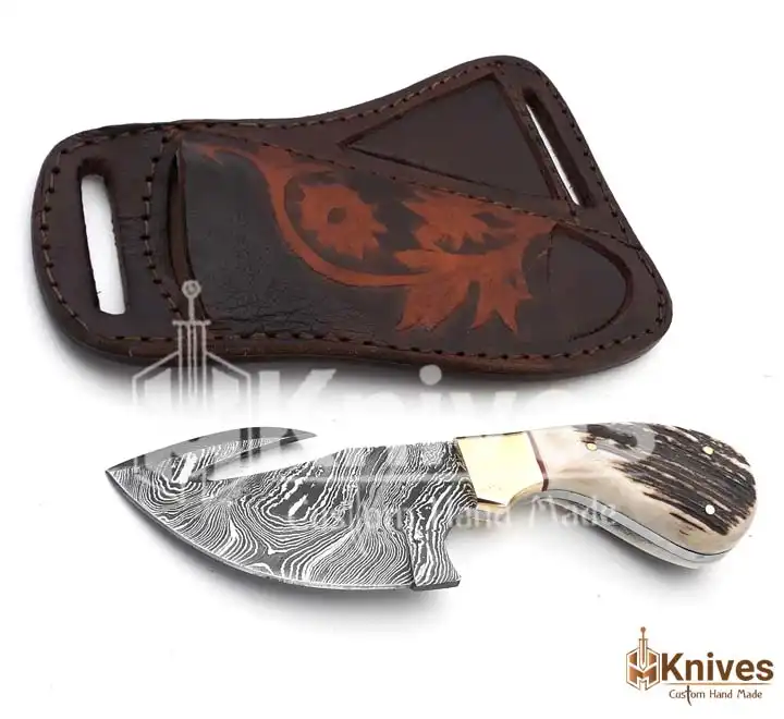 Damascus Steel Sharp Gut Hook Skinner Knife with Stag Handle & Brass Bolster Leather Engraving Sheath by HMKnives (2)