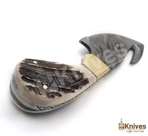 Damascus Steel Sharp Gut Hook Skinner Knife with Stag Handle & Brass Bolster Leather Engraving Sheath by HMKnives (5)
