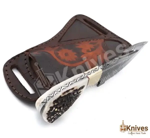 Damascus Steel Sharp Gut Hook Skinner Knife with Stag Handle & Brass Bolster Leather Engraving Sheath by HMKnives (6)