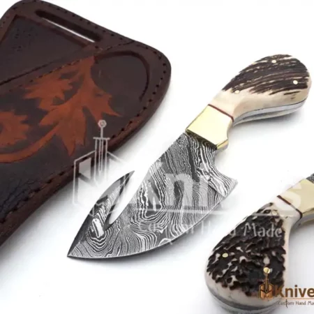 Damascus Steel Sharp Gut Hook Skinner Knife with Stag Handle & Brass Bolster Leather Engraving Sheath by HMKnives (8)