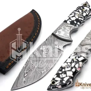 EDC Damascus Skinner Knife for Camping & Hunting with Sharp Edge & Leather Cover by HMKnives (8)
