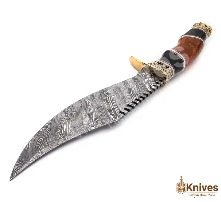 Hand Made Damascus 13 inch Bowie Knife with Brass Guard Bone Handle & Leather Sheath (1)