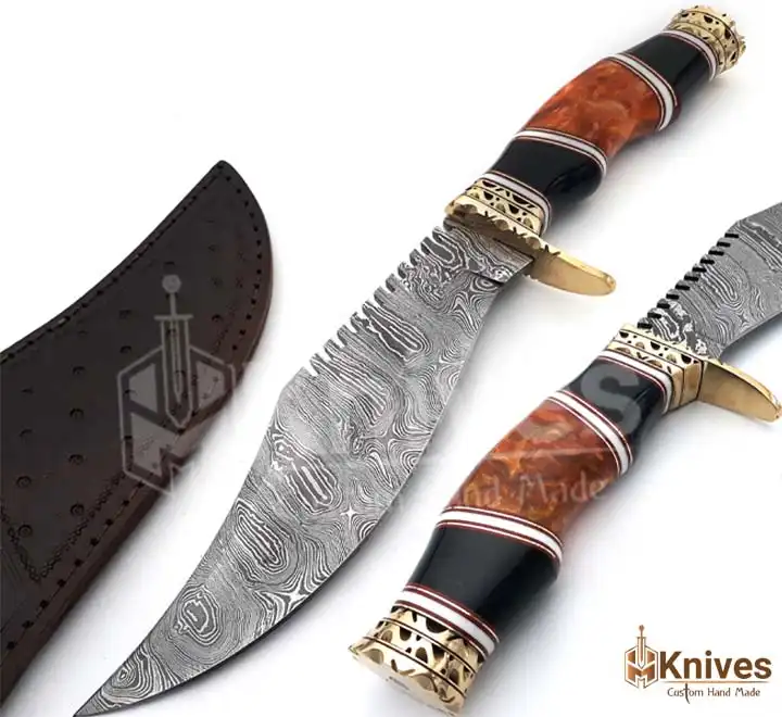 Hand Made Damascus 13 inch Bowie Knife with Brass Guard Bone Handle & Leather Sheath (8)