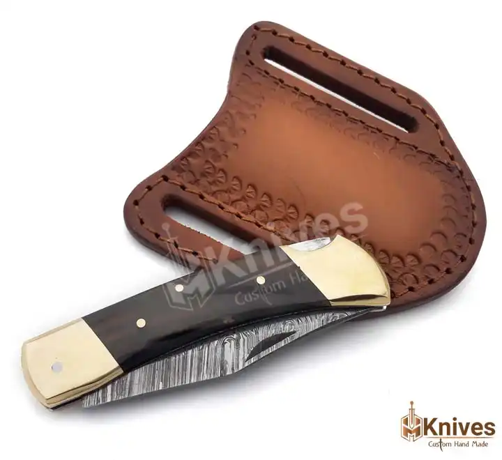 Saab Folding Knife Hand Made Damascus Steel Folding Knife for EDC Use with Brown Italian Leather Sheath_HMKnives (4)