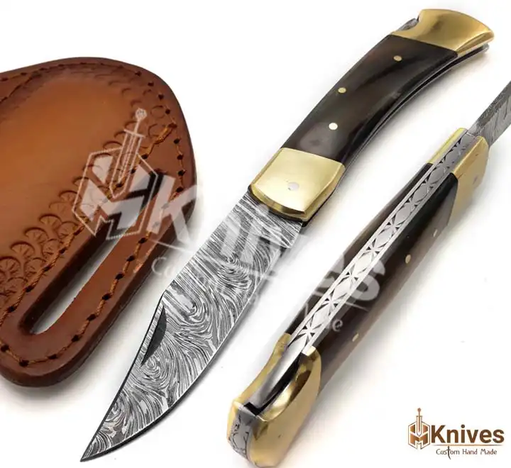 Saab Folding Knife Hand Made Damascus Steel Folding Knife for EDC Use with Brown Italian Leather Sheath_HMKnives (6)