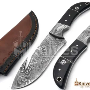 Sharp Gut Hook Damascus Steel Hand Made Fishing Skinner Knife with Bull Horn Handle by HMKnives (8)