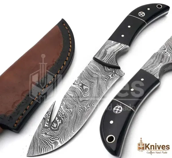 Sharp Gut Hook Damascus Steel Hand Made Fishing Skinner Knife with Bull Horn Handle by HMKnives (8)