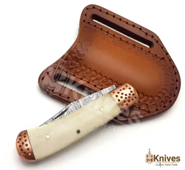 Trapper Folding Knife Hand Made Damascus Folding Knife for EDC Use with Brown Italian Leather Sheath_HM-Knives (6)