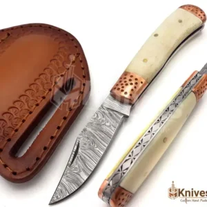 Trapper Folding Knife Hand Made Damascus Folding Knife for EDC Use with Brown Italian Leather Sheath_HM-Knives (8)
