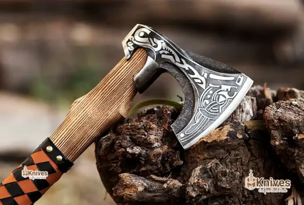 Bearded Viking Axe Forged Carbon Steel Axe with Textured Ashwood Handle & Black Brown Leather Wraping by HMKnives-2