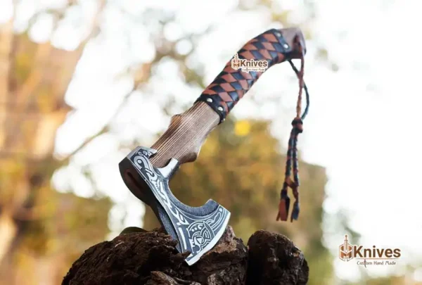 Bearded Viking Axe Forged Carbon Steel Axe with Textured Ashwood Handle & Black Brown Leather Wraping by HMKnives-3