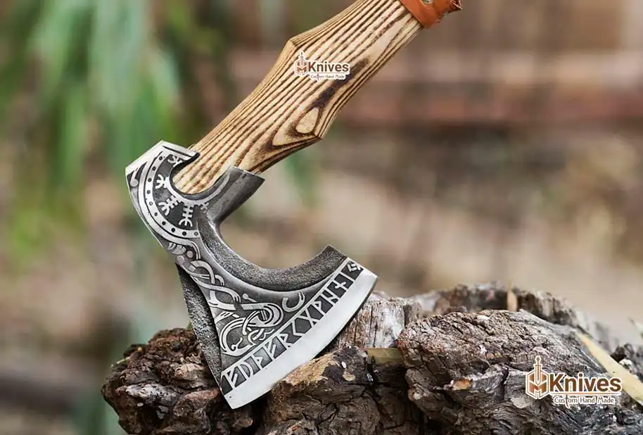 Bearded Viking Axe Forged Carbon Steel Axe with Textured Ashwood Handle & Brown Leather Wraping by HMKnives-5