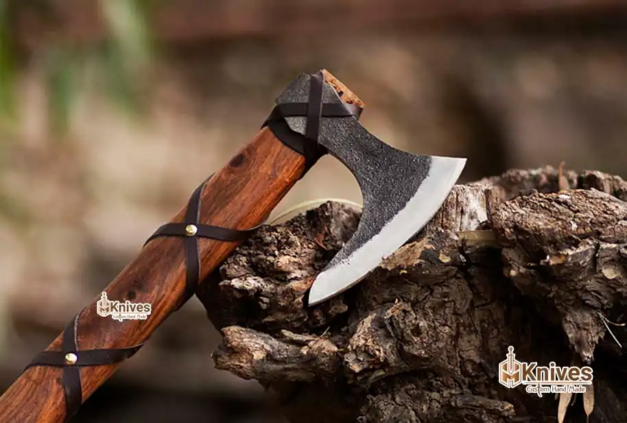 Outdoor Camping Axe Forged Carbon Steel Axe with Rosewood Handle & Brown Leather Wraping by HMKnives-4